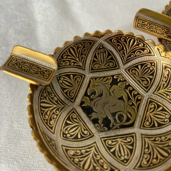 2 Vintage Ashtrays Ash Trays Dragon Warrior Samurai Gold Silver Black - Picture 5 of 9